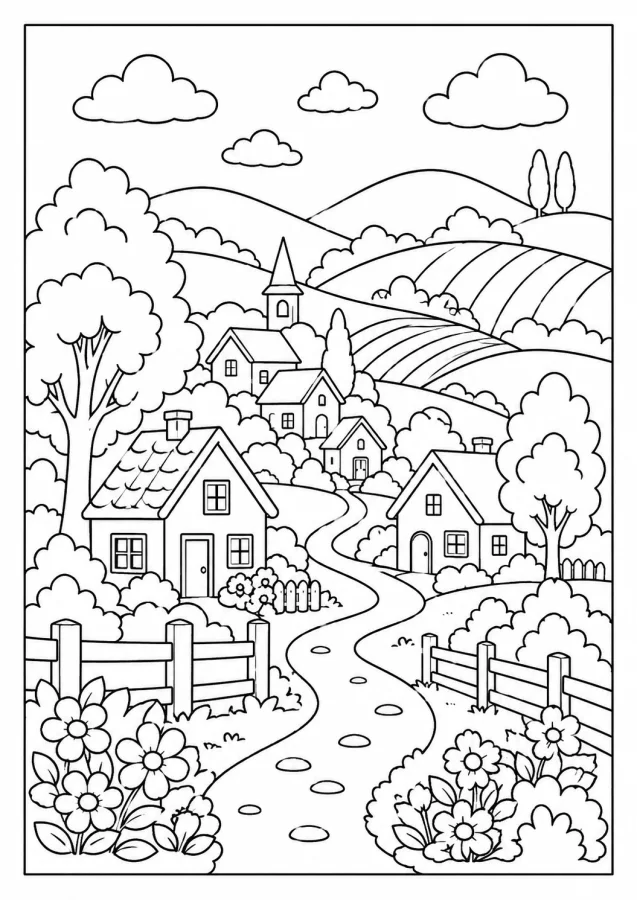 Un village de campagne avec des maisons et des collines vallonnées