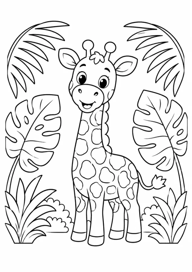 Une girafe sous un feuillage tropical