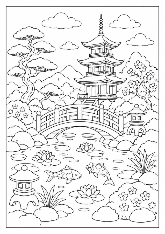 Un jardin japonais avec un pont, un étang et une pagode