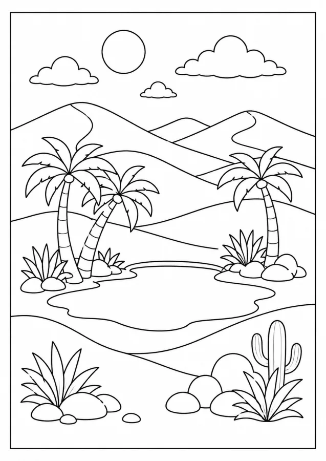 Un paysage désertique avec des dunes et une petite oasis