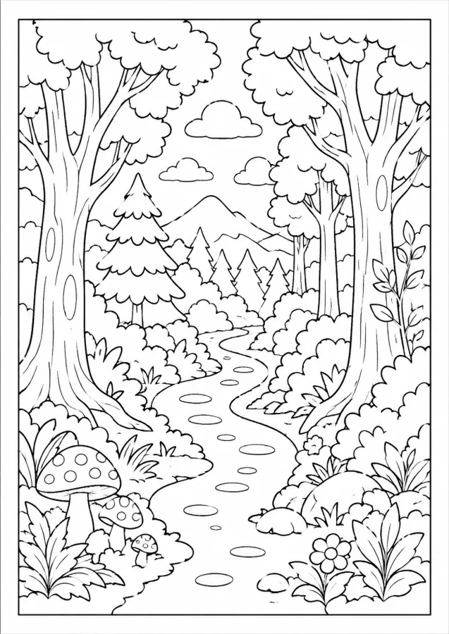 Un sentier forestier bordé de grands arbres