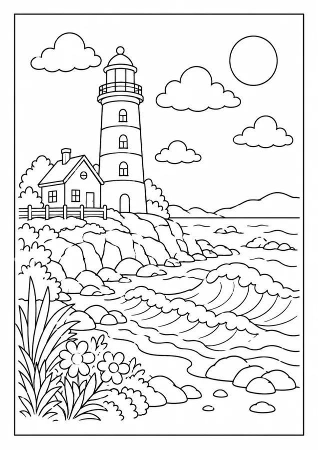 Un paysage marin avec un phare et des vagues